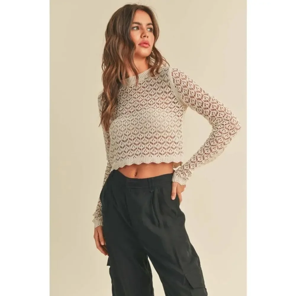 ASTR Cream Crochet Knitted High Neck Long Sleeve Pullover Crop Sweater Top XS